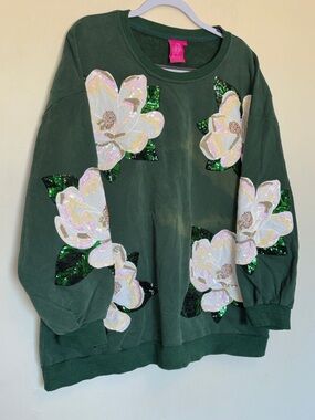 Queen of Sparkles Magnolia Flower Sweater XL Sequin Oversized Embroidered Flawed